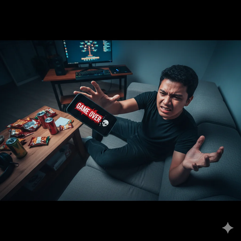 menggambarkan Rian sedang frustrasi setelah "Game Over".