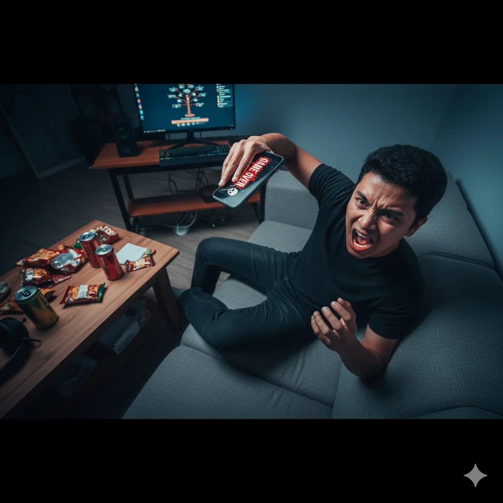 gambar pertama dalam rangkaian tersebut: Rian dengan ekspresi marah, siap membanting HP-nya.

